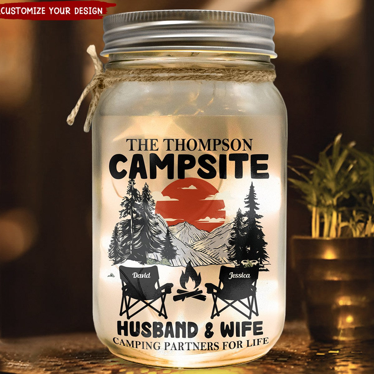 Husband &amp; Wife Camping Partners For Life - Personalized Mason Jar Light