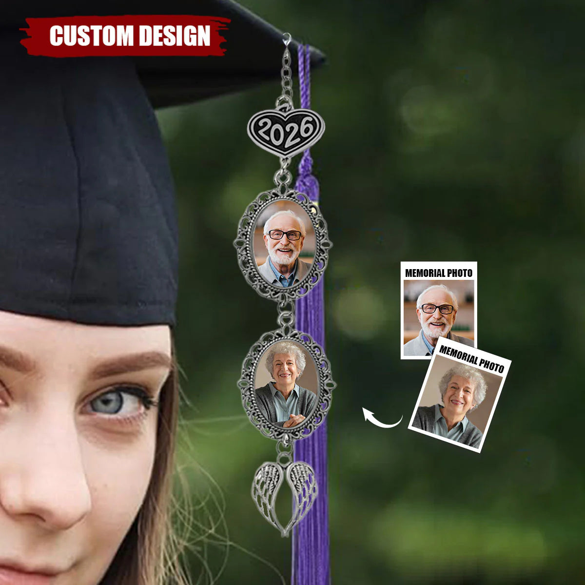 Personalized Graduation Tassel Photo &amp; Text Charm with Angel Wing, Memorial Graduation Gift