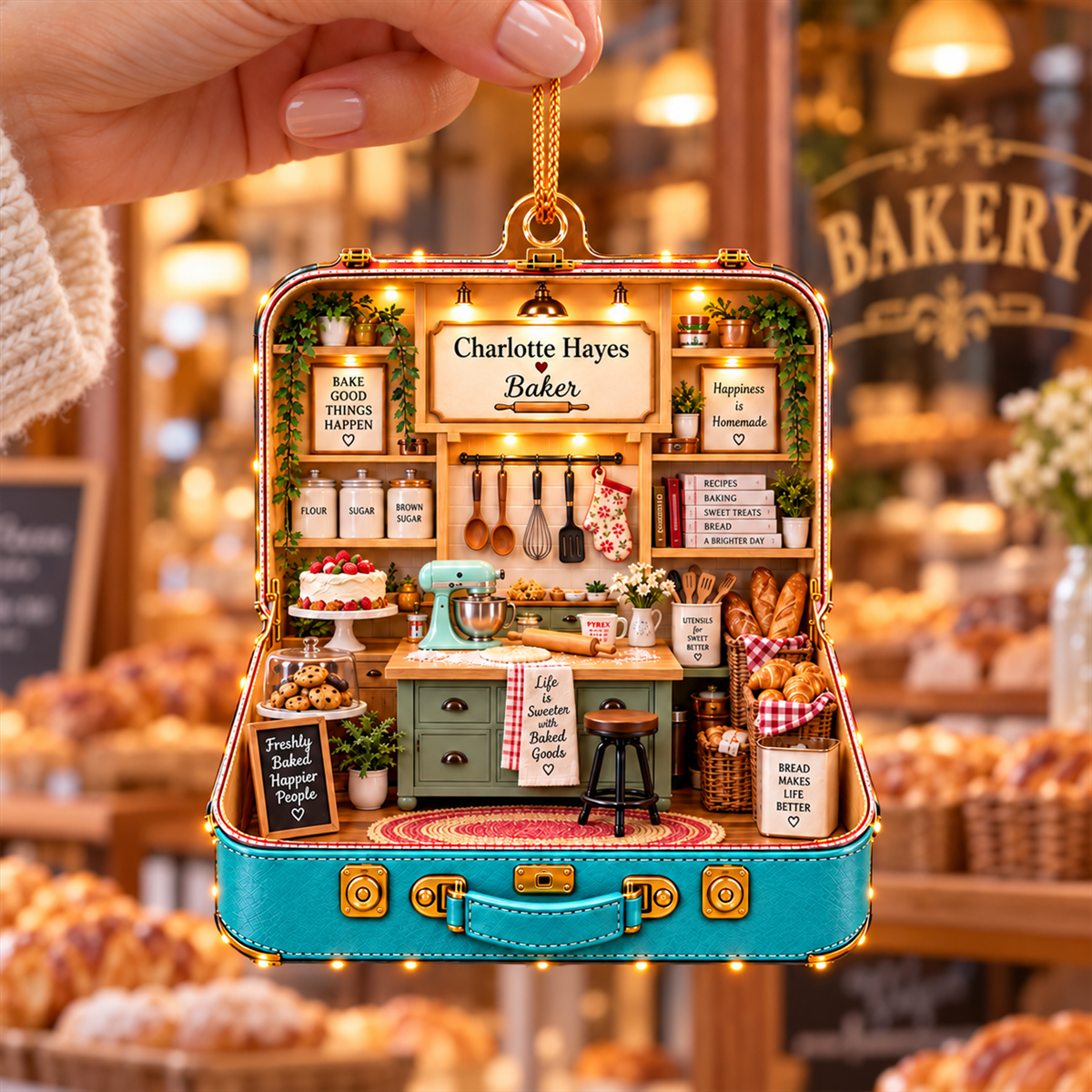 Personalized Baker Suitcase Ornament, Custom Name Kitchen Bakery Diorama