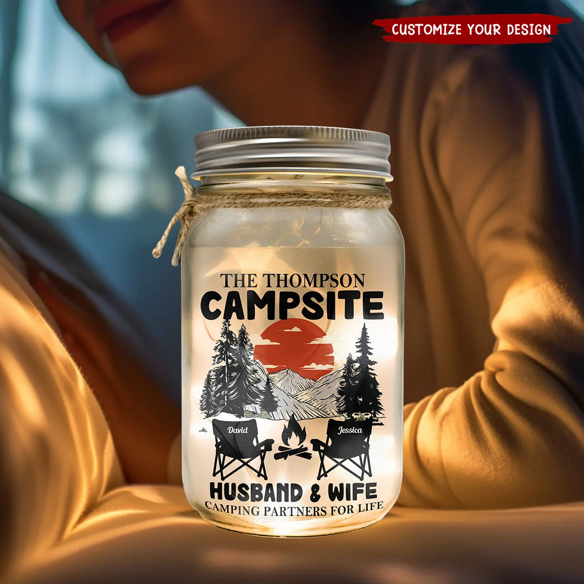 Husband &amp; Wife Camping Partners For Life - Personalized Mason Jar Light