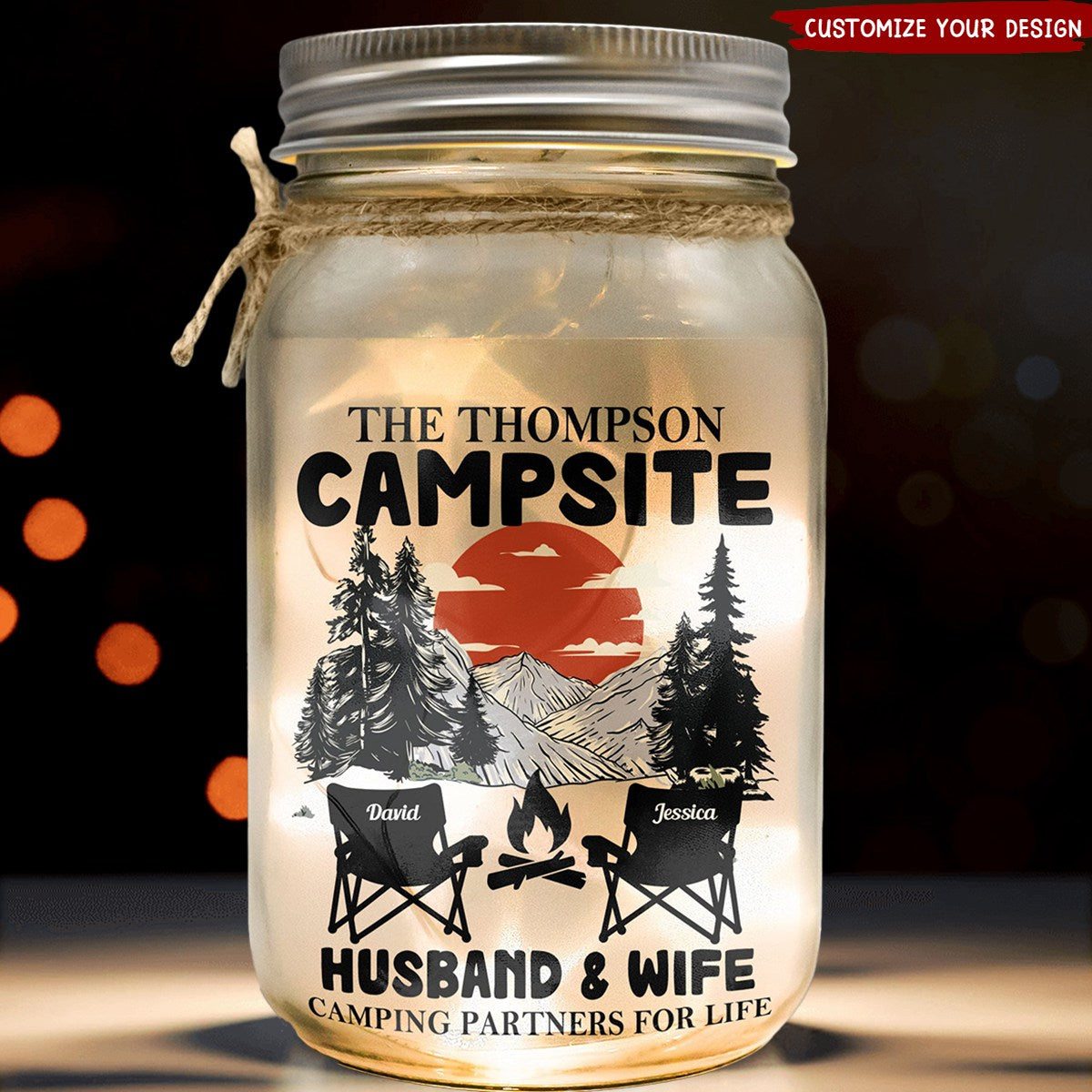 Husband &amp; Wife Camping Partners For Life - Personalized Mason Jar Light