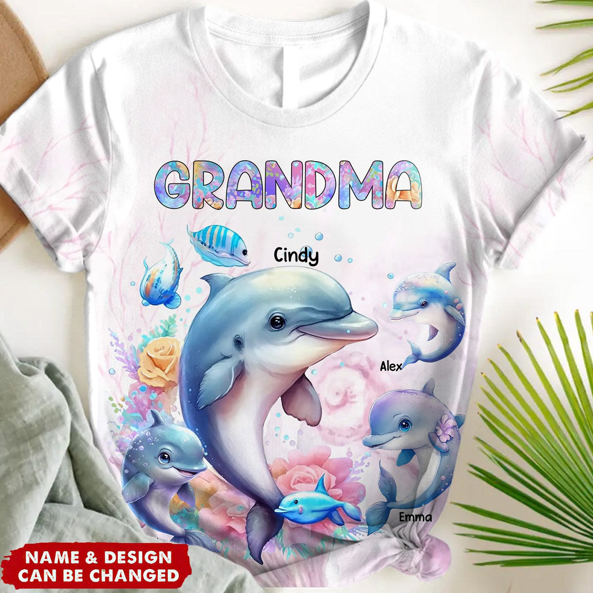 Personalized Grandma or Mom Watercolor Dolphin &amp; Kid Names 3D T-shirt Printed