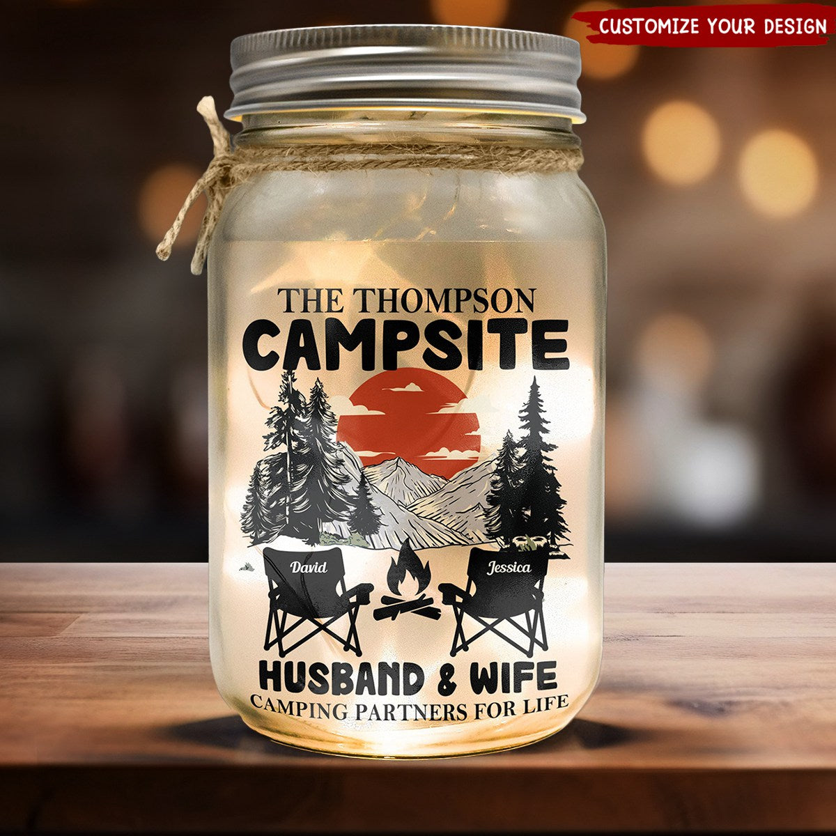 Husband &amp; Wife Camping Partners For Life - Personalized Mason Jar Light