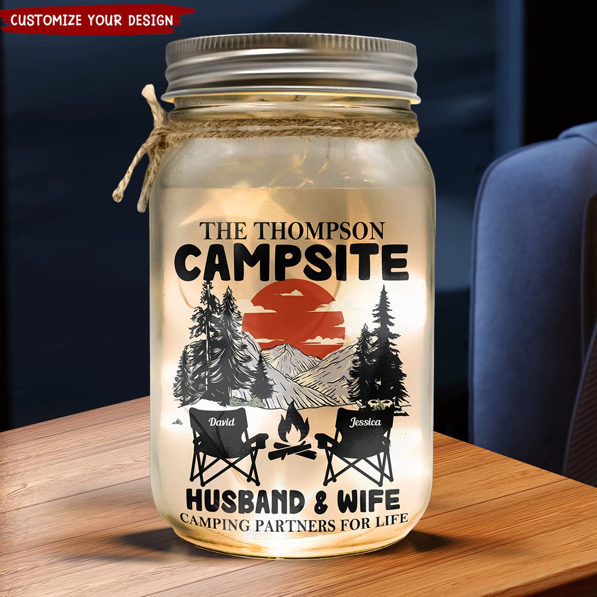 Husband &amp; Wife Camping Partners For Life - Personalized Mason Jar Light