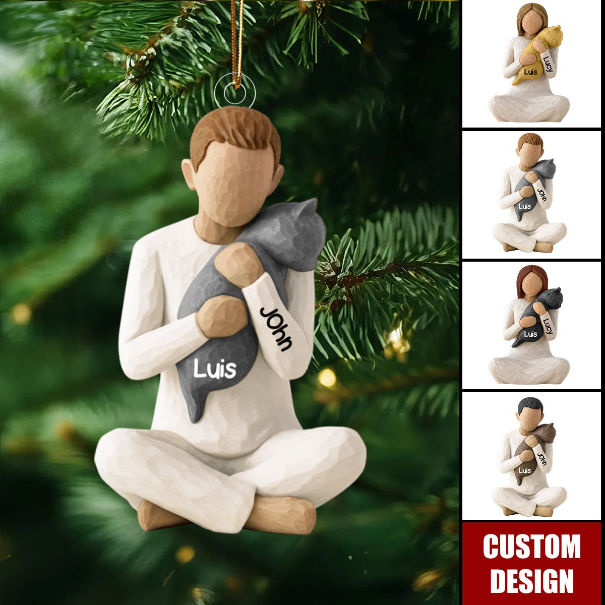 Carved Figure Hugging a Cat- Personalized Acrylic Ornament - Christmas Gift for Cat Lovers