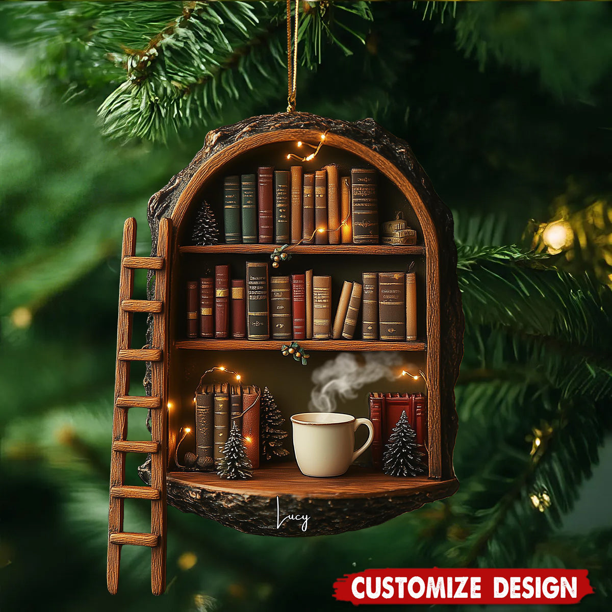 Personalized Handmade Wooden Book Nook Christmas Ornament, Cozy Library Gift For Readers