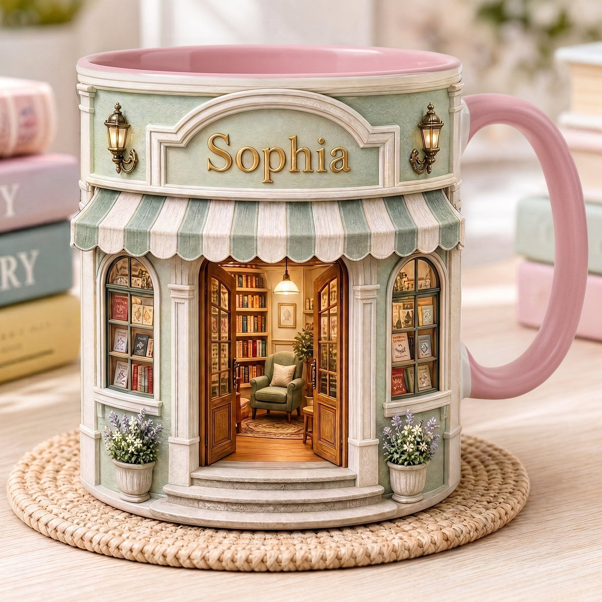 Custom Name Bookstore Mug, Cozy Reader Birthday Gift