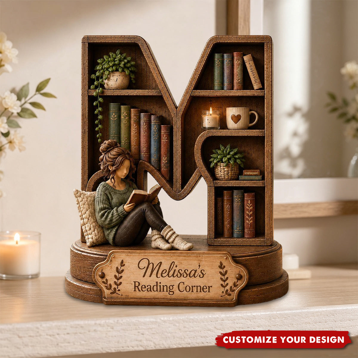 Personalized Initial Reading Corner Wood Sign, Book Lover Gift
