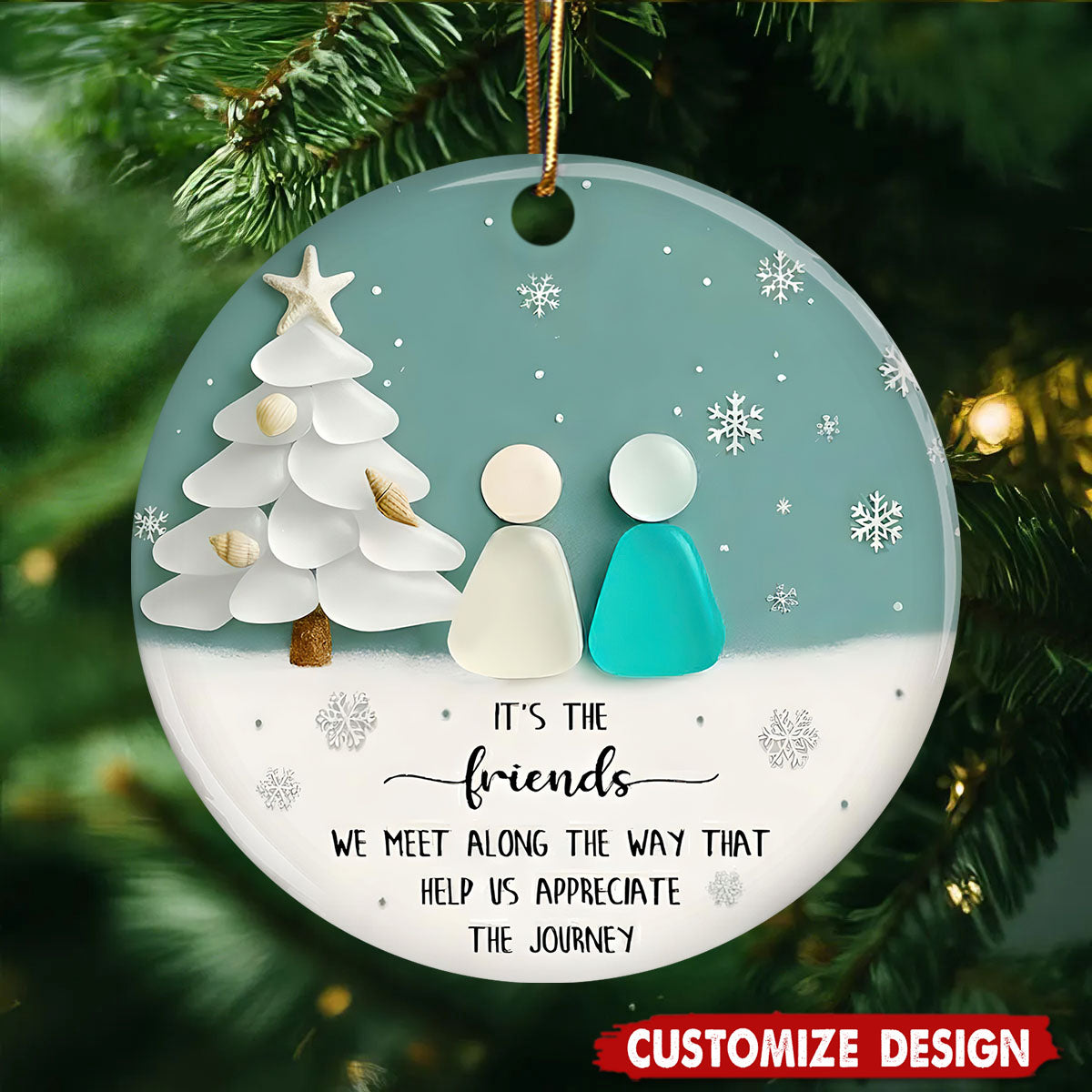 Ceramic Friends Christmas Ornament, Sea-Glass Figures Winter Tree &amp; Snowflakes, Heartfelt Friendship Quote Keepsake, Best Friend Gift 2025