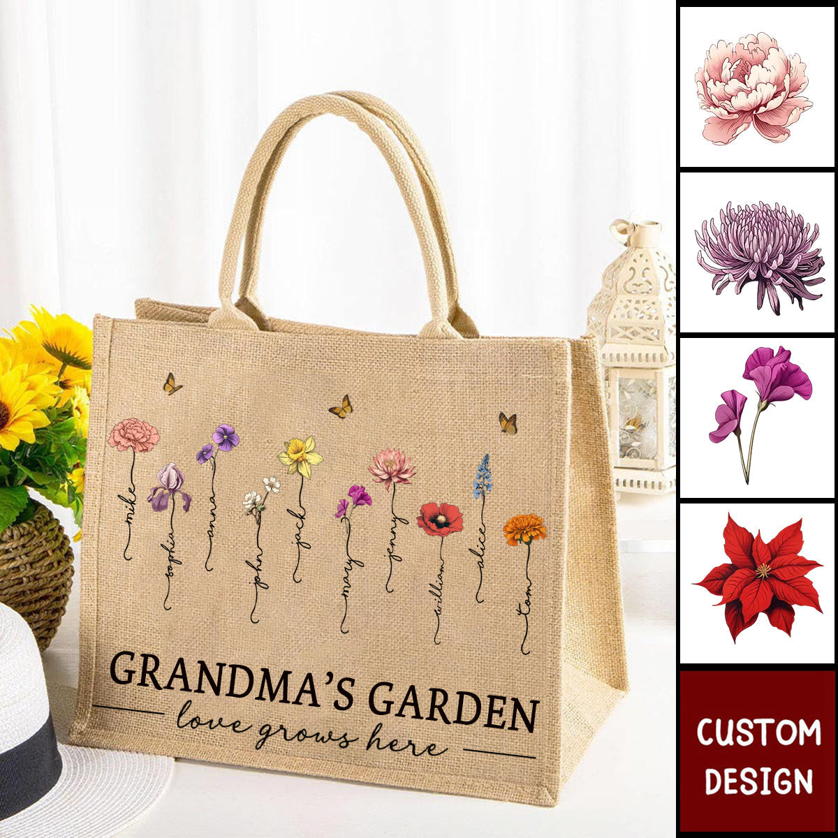 Grandma&#39;s Garden Love Grows Here - Personalized Jute Tote Bag