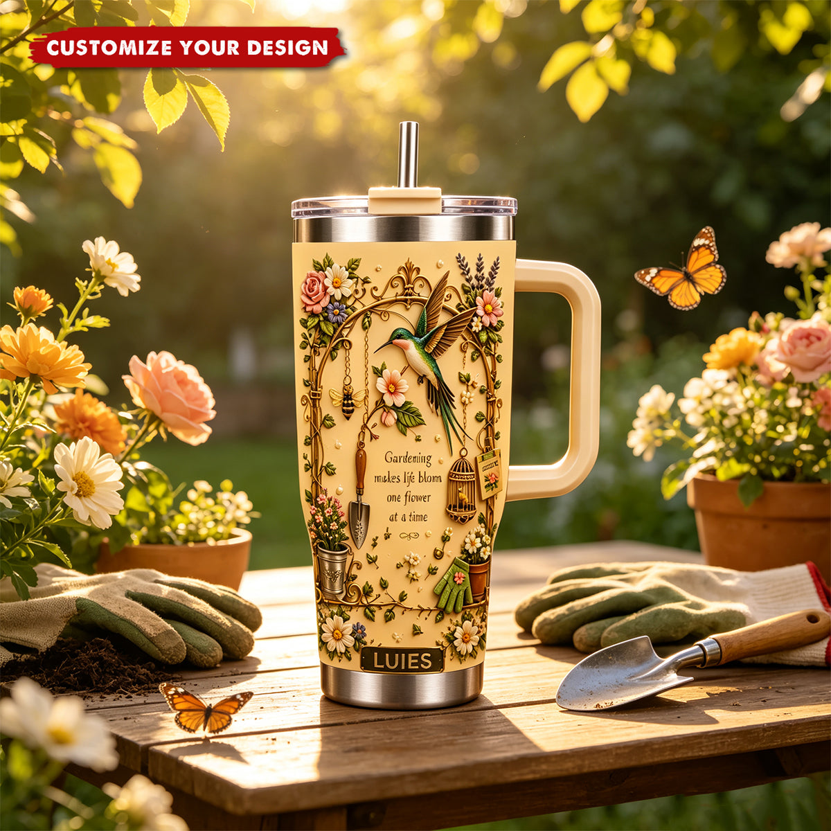 Personalized Gardening Hummingbirds&amp;flowers Tumbler With Handle