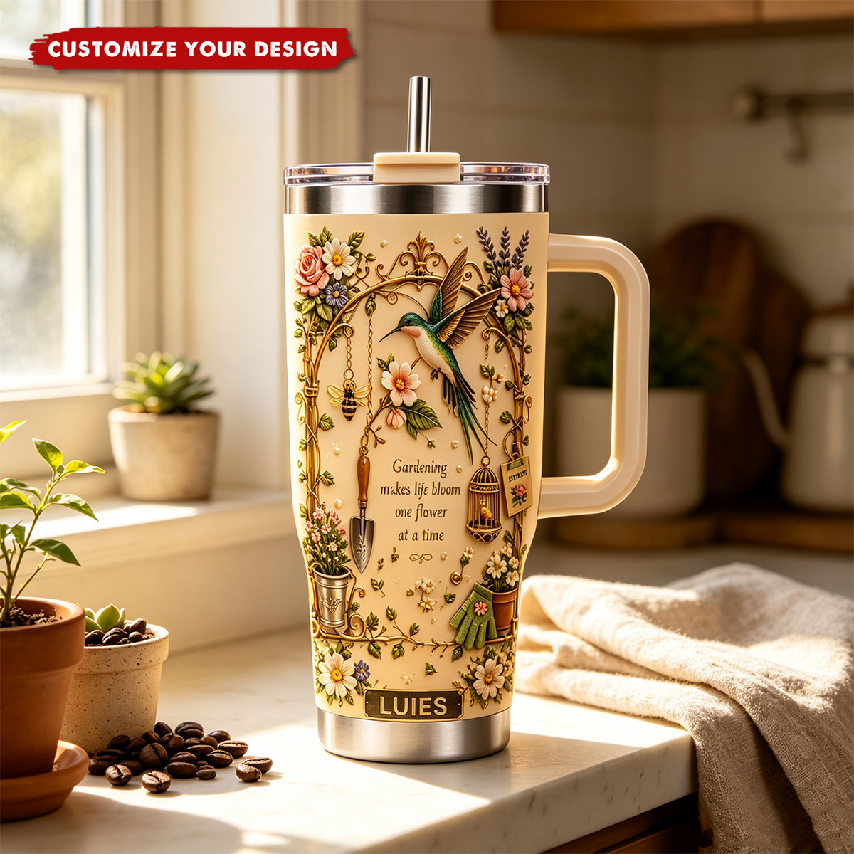 Personalized Gardening Hummingbirds&amp;flowers Tumbler With Handle