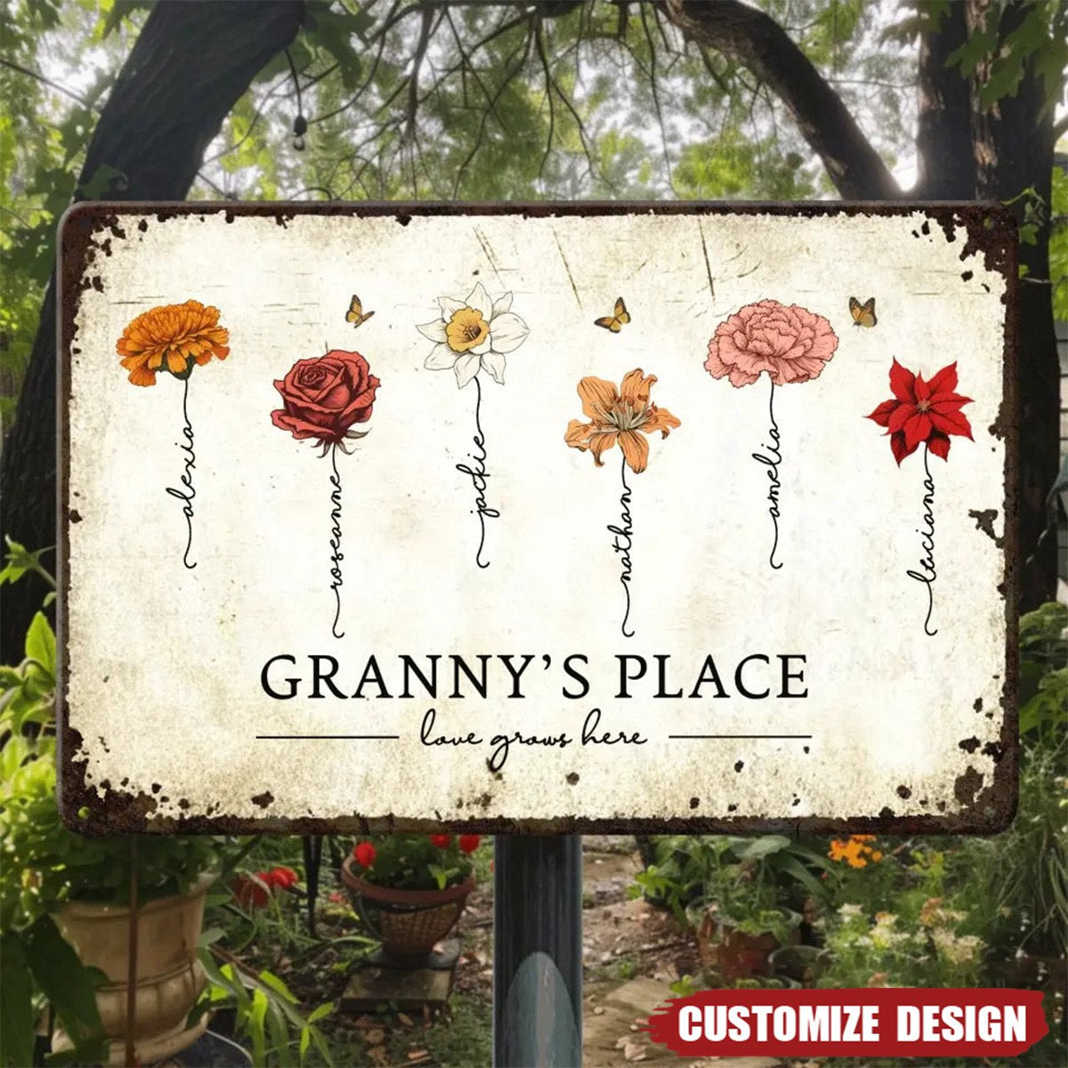 Love Grows Here - Personalized Custom Metal Sign - Gift For Grandma