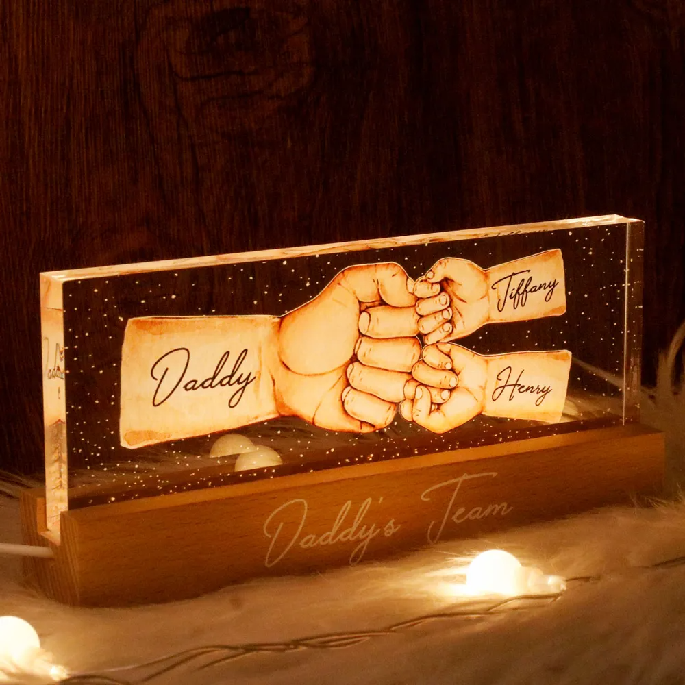 Daddy&#39;s Team Fist Bump Personalized Acrylic LED Night Light - Father&#39;s Day Gift For Dad