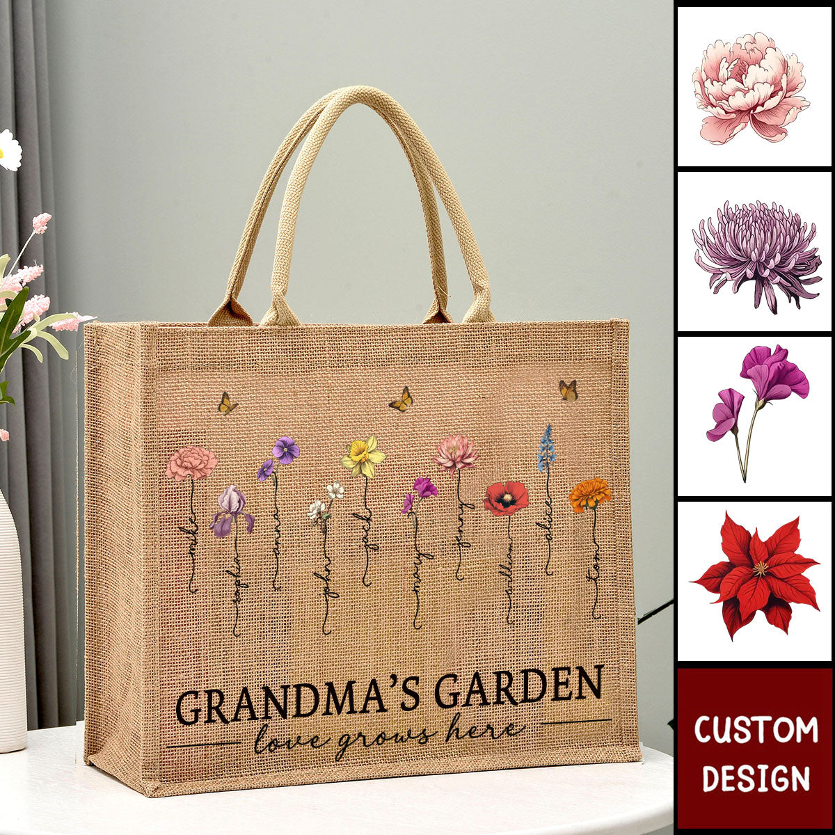 Grandma&#39;s Garden Love Grows Here - Personalized Jute Tote Bag