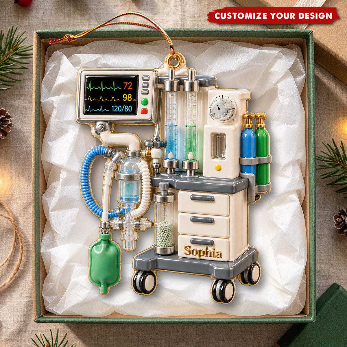 Personalized Anesthesia Machine Christmas Acrylic Ornament, Custom Name Anesthesiologist Gift