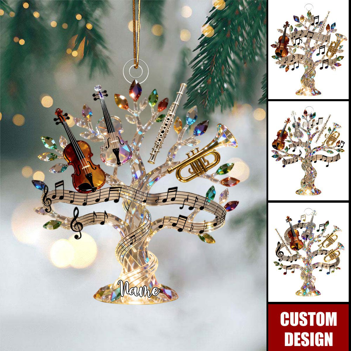 Personalized Crystal Music Tree Themed Ornament