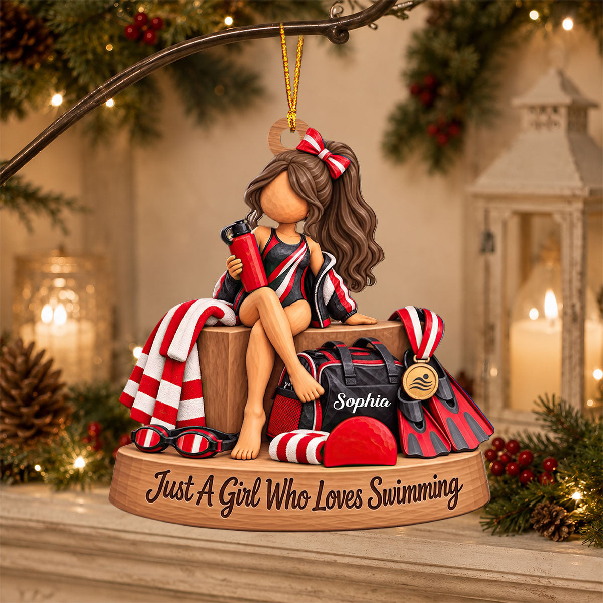 Just A Girl Who Loves Swimming Personalized Wooden Swimmer Ornament - Christmas Gift for Daughter