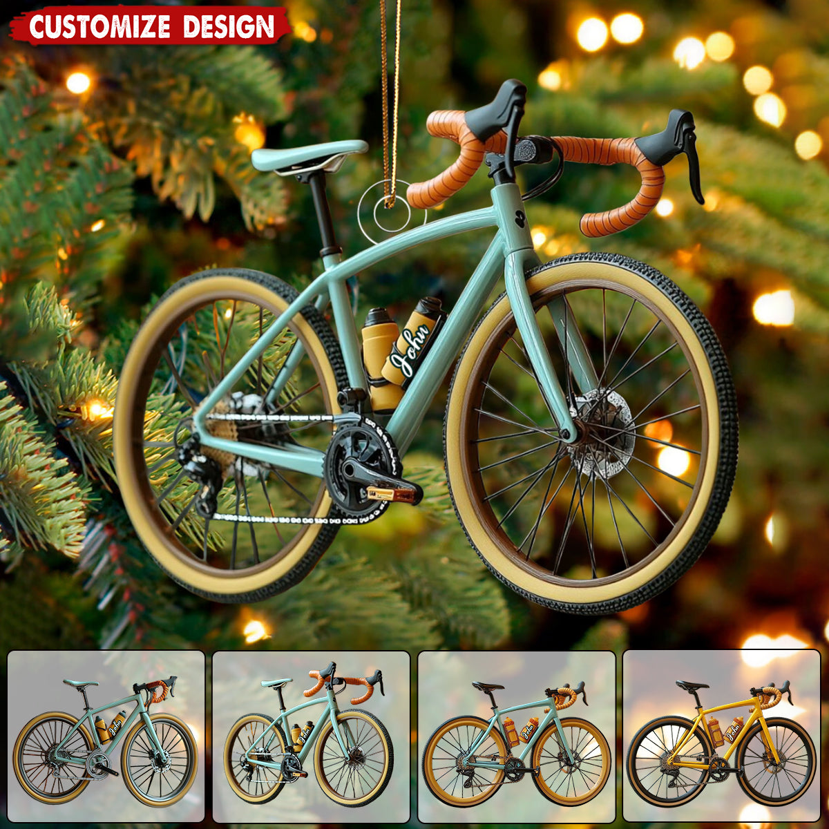 Personalized Road Bike Christmas Ornament – Cyclist Holiday Tree Decoration With Aqua Bicycle Design