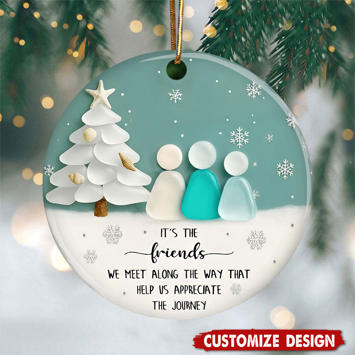 Ceramic Friends Christmas Ornament, Sea-Glass Figures Winter Tree &amp; Snowflakes, Heartfelt Friendship Quote Keepsake, Best Friend Gift 2025