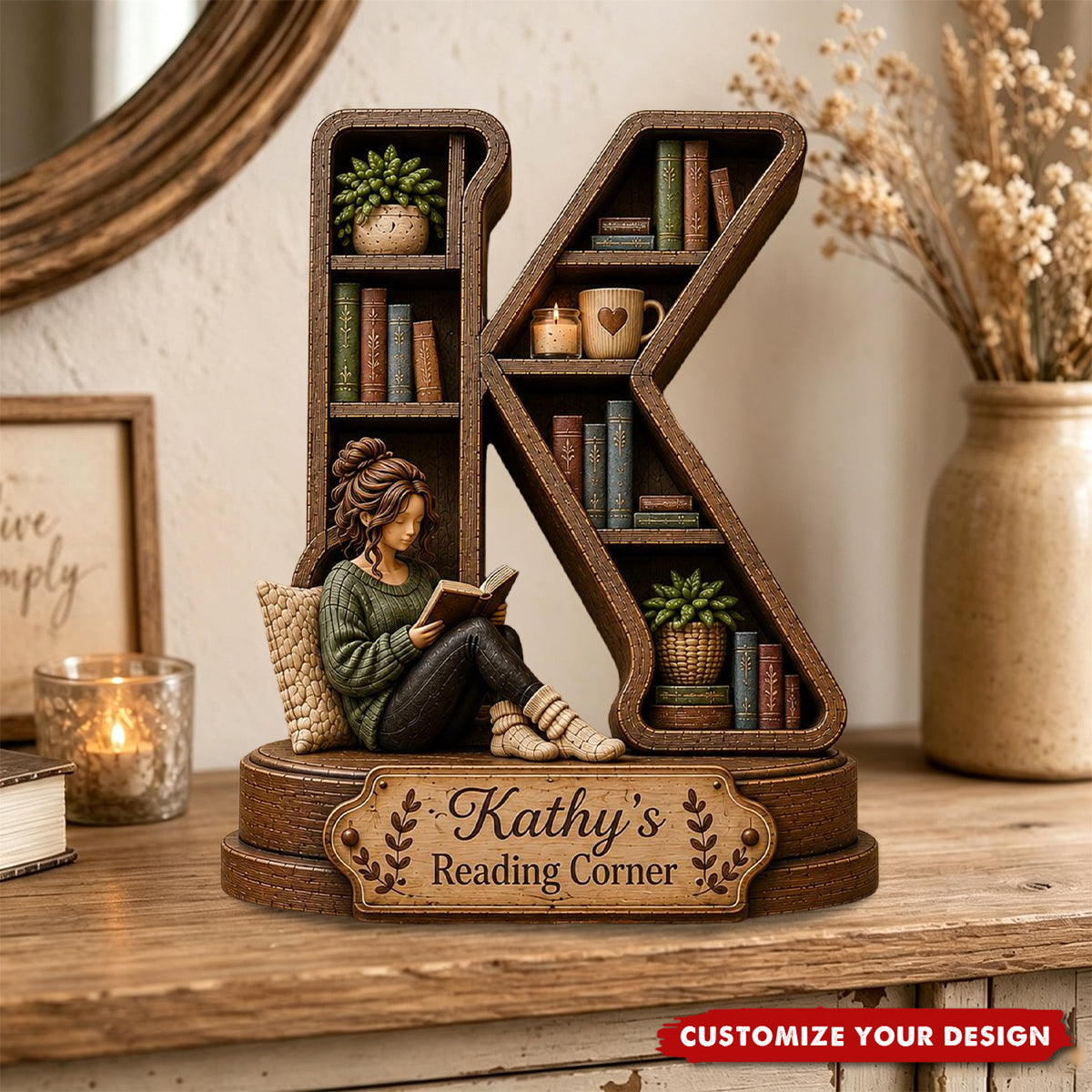 Personalized Initial Reading Corner Wood Sign, Book Lover Gift