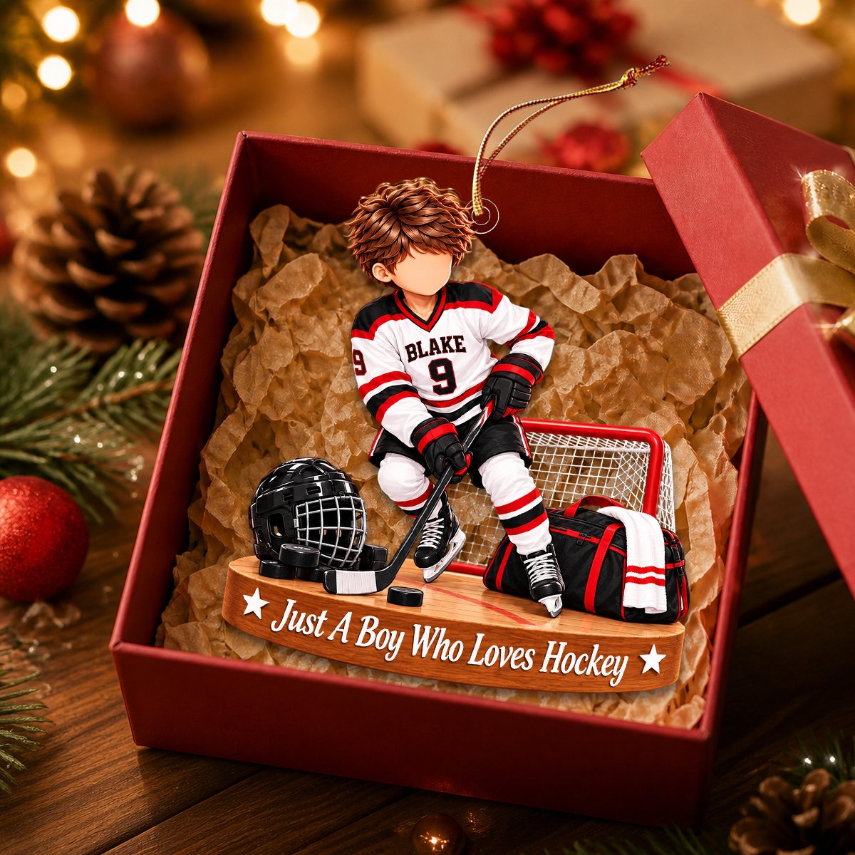 Personalized Hockey Boy Ornament, Custom Name &amp; Number Ice Hockey Christmas Gift