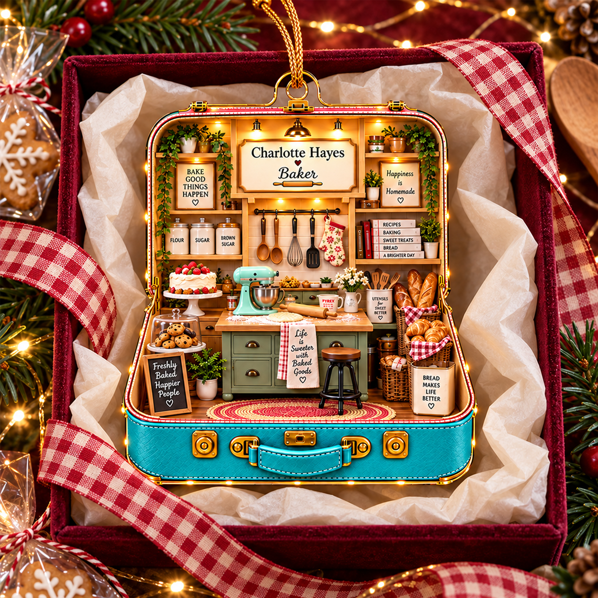 Personalized Baker Suitcase Ornament, Custom Name Kitchen Bakery Diorama