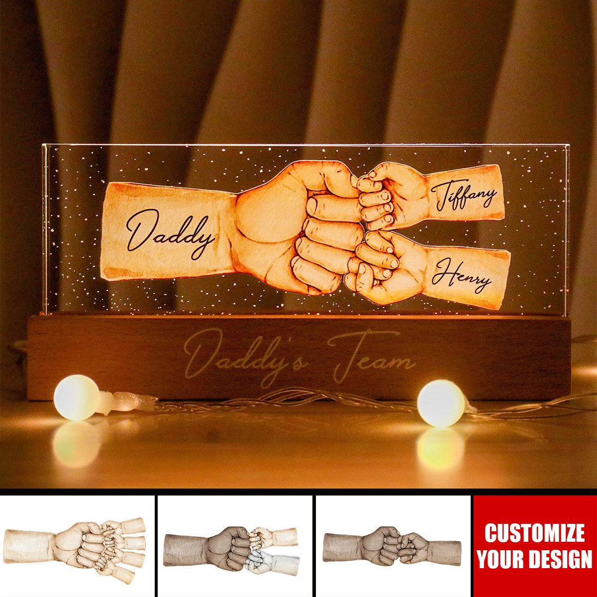 Daddy&#39;s Team Fist Bump Personalized Acrylic LED Night Light - Father&#39;s Day Gift For Dad