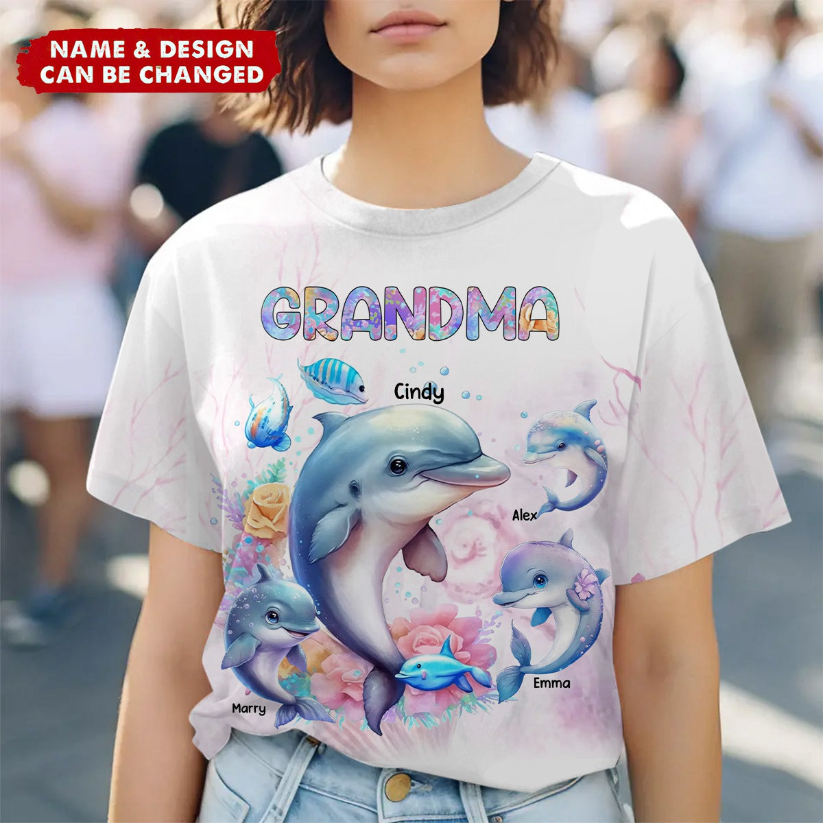 Personalized Grandma or Mom Watercolor Dolphin &amp; Kid Names 3D T-shirt Printed