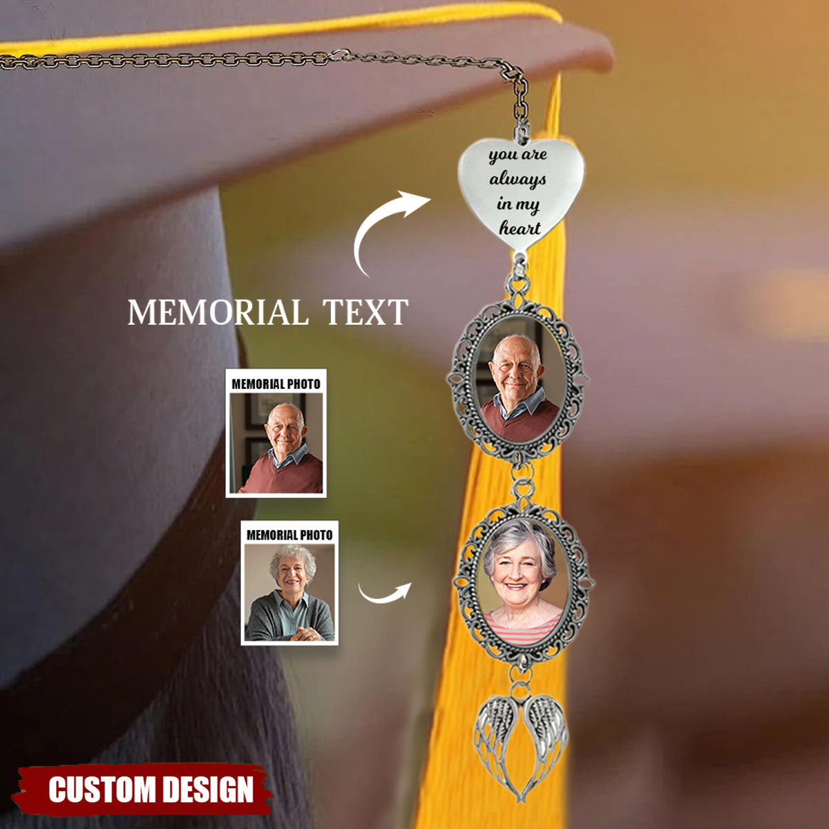 Personalized Graduation Tassel Photo &amp; Text Charm with Angel Wing, Memorial Graduation Gift