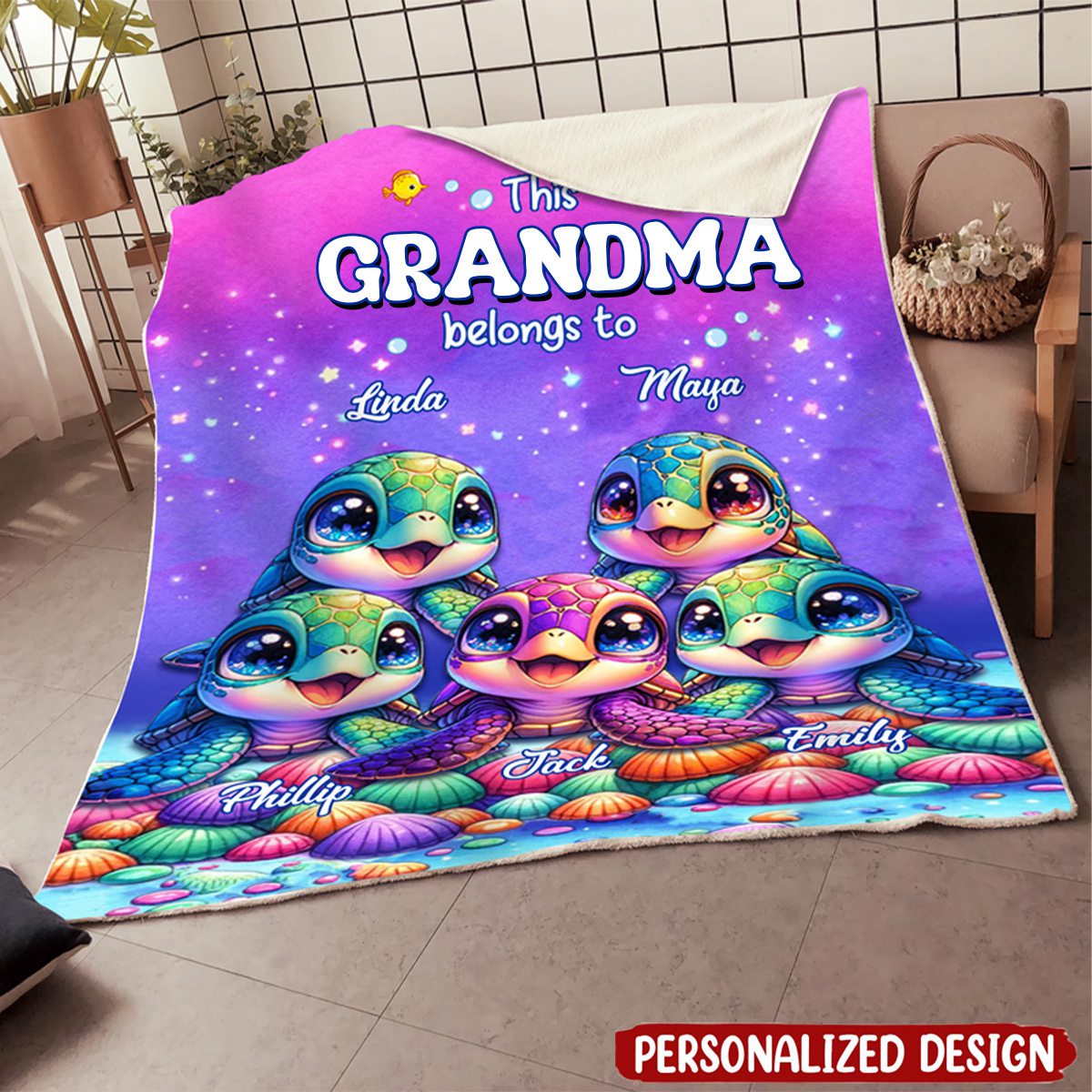 This Grandma belongs to Cute Ocean Turtles Grandkids Personalized Fleece and Sherpa Blanket