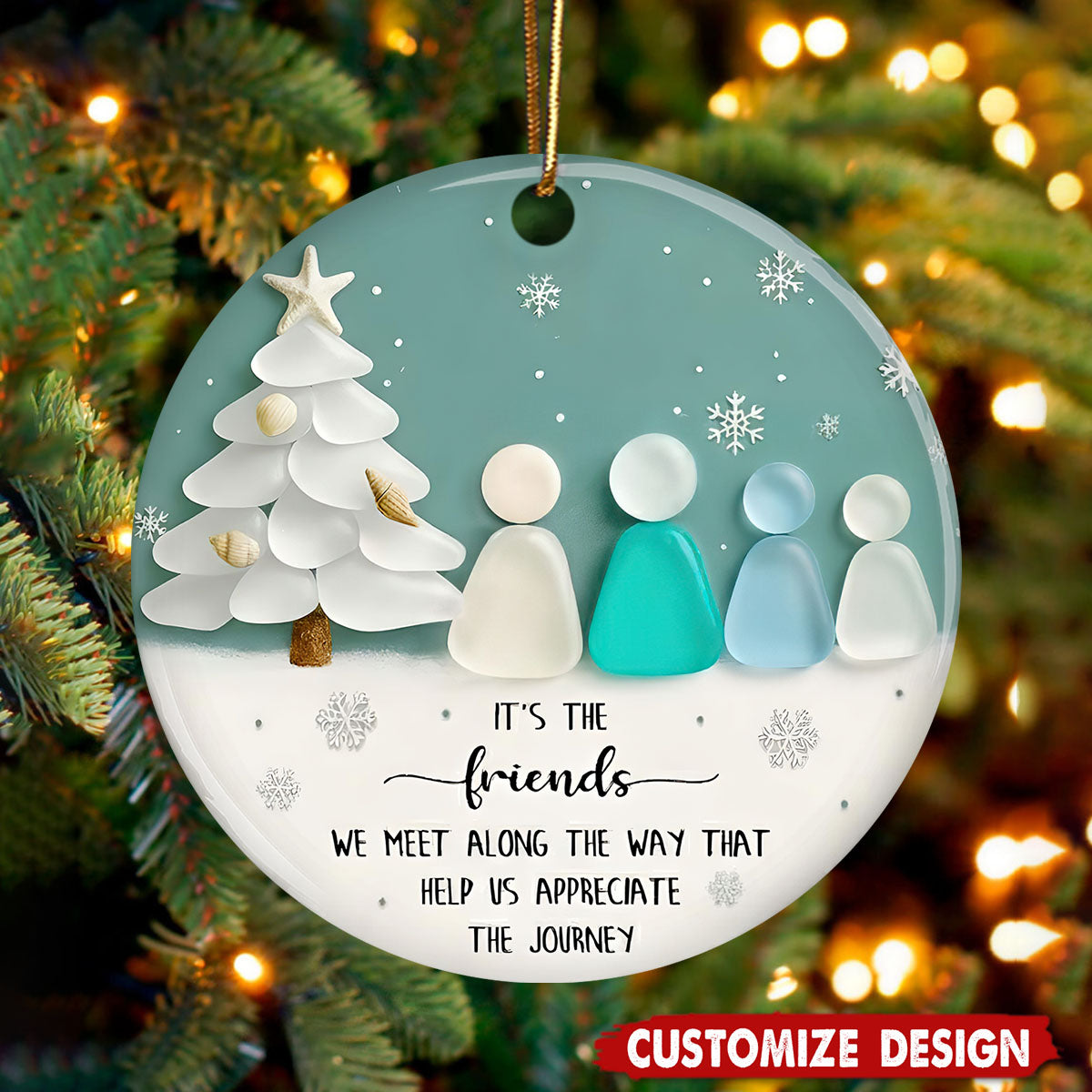 Ceramic Friends Christmas Ornament, Sea-Glass Figures Winter Tree &amp; Snowflakes, Heartfelt Friendship Quote Keepsake, Best Friend Gift 2025