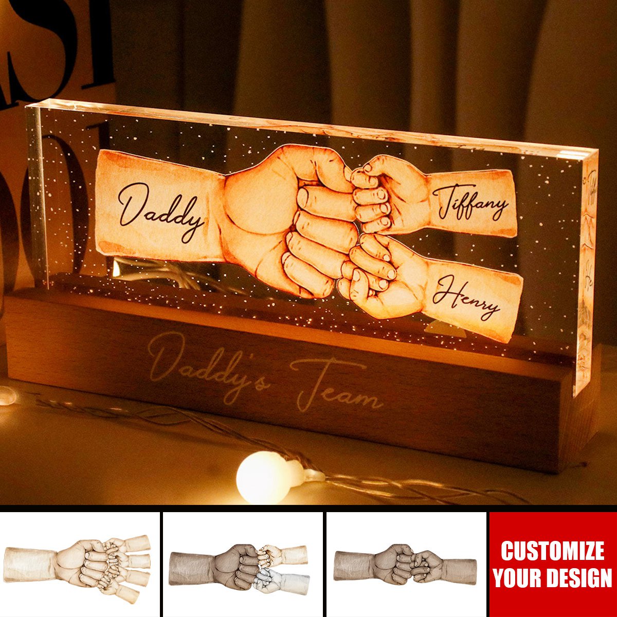 Daddy&#39;s Team Fist Bump Personalized Acrylic LED Night Light - Father&#39;s Day Gift For Dad