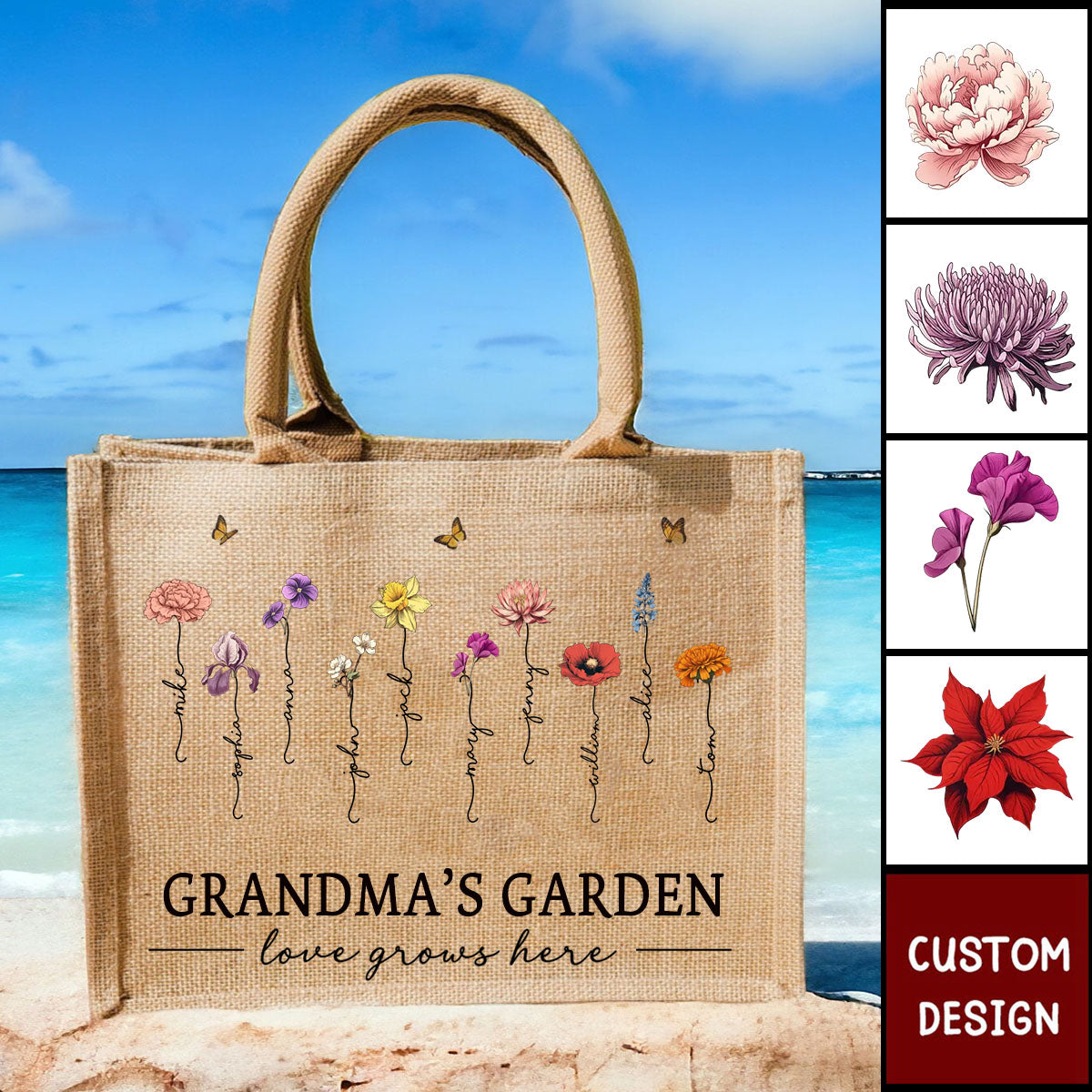 Grandma&#39;s Garden Love Grows Here - Personalized Jute Tote Bag