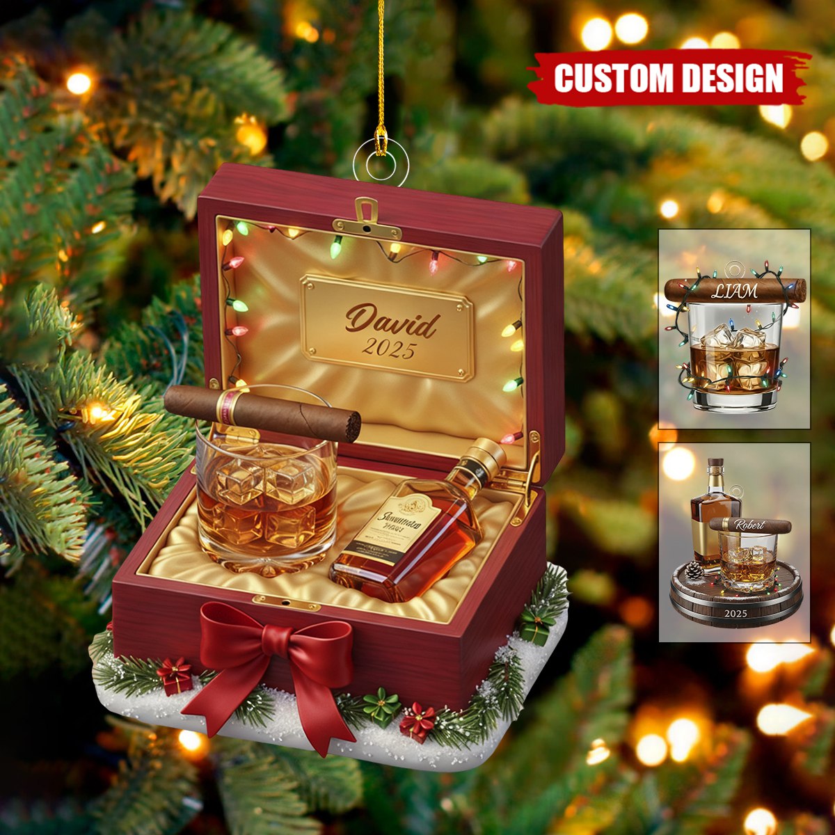 Personalized Whiskey Glass and Cigar Ornament –  Gentlemen Christmas Gift for Him