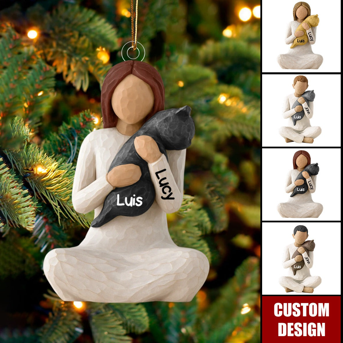 Carved Figure Hugging a Cat- Personalized Acrylic Ornament - Christmas Gift for Cat Lovers