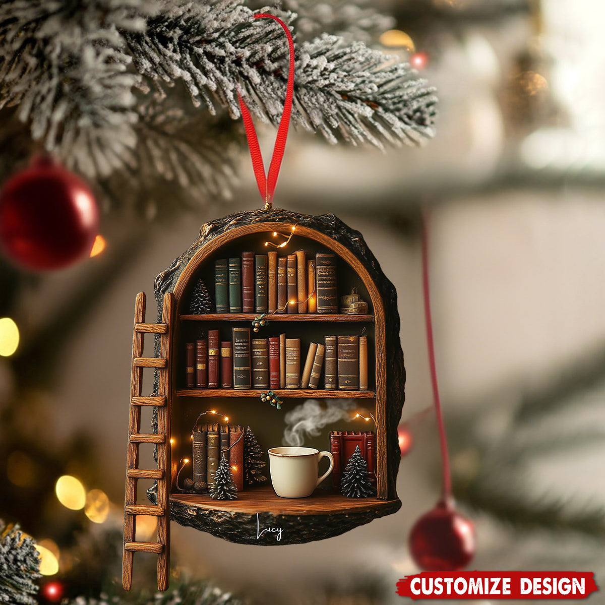 Personalized Handmade Wooden Book Nook Christmas Ornament, Cozy Library Gift For Readers