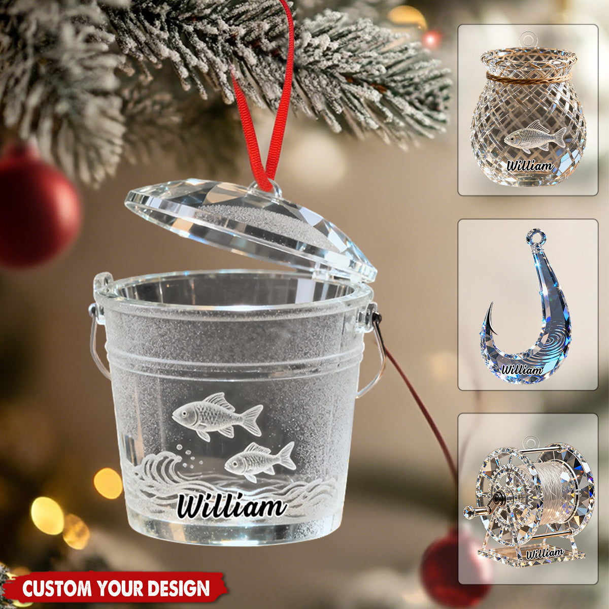 Personalized Fishing Themed Christmas Ornament - Fishhook/Fish Bucket/Fishing Reel/Fish Basket
