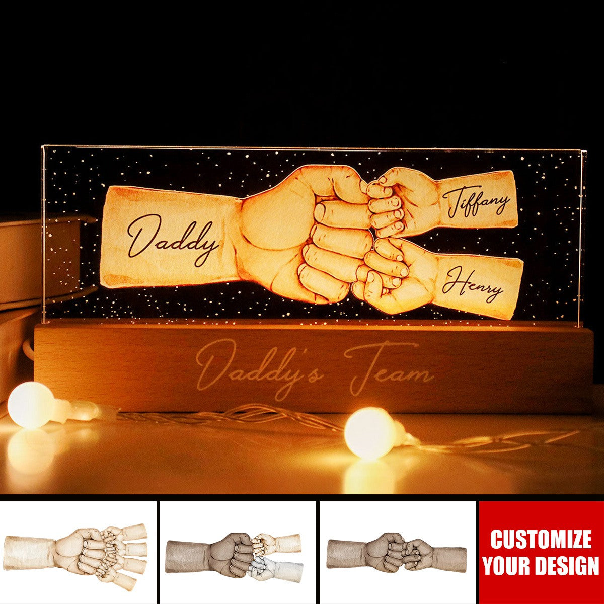 Daddy&#39;s Team Fist Bump Personalized Acrylic LED Night Light - Father&#39;s Day Gift For Dad