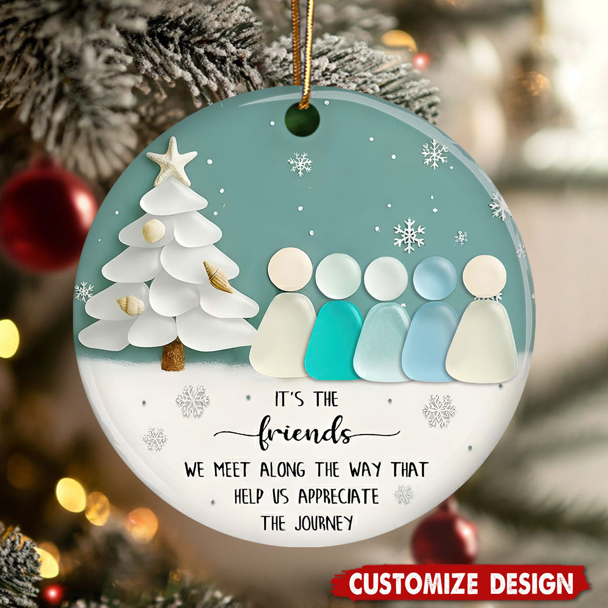 Ceramic Friends Christmas Ornament, Sea-Glass Figures Winter Tree &amp; Snowflakes, Heartfelt Friendship Quote Keepsake, Best Friend Gift 2025
