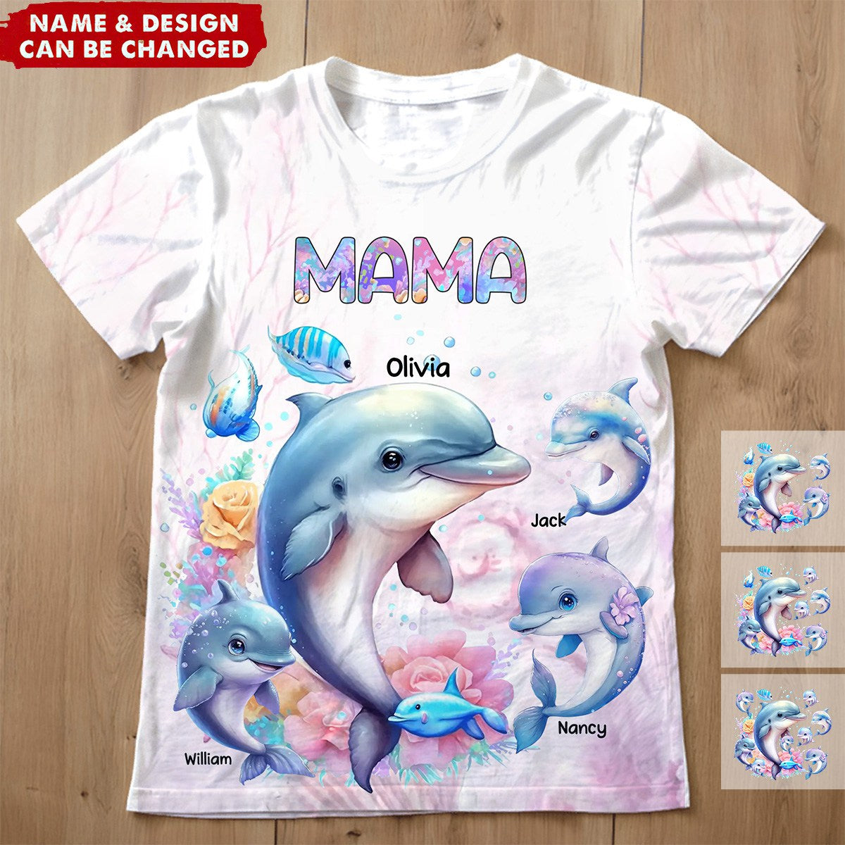 Personalized Grandma or Mom Watercolor Dolphin &amp; Kid Names 3D T-shirt Printed