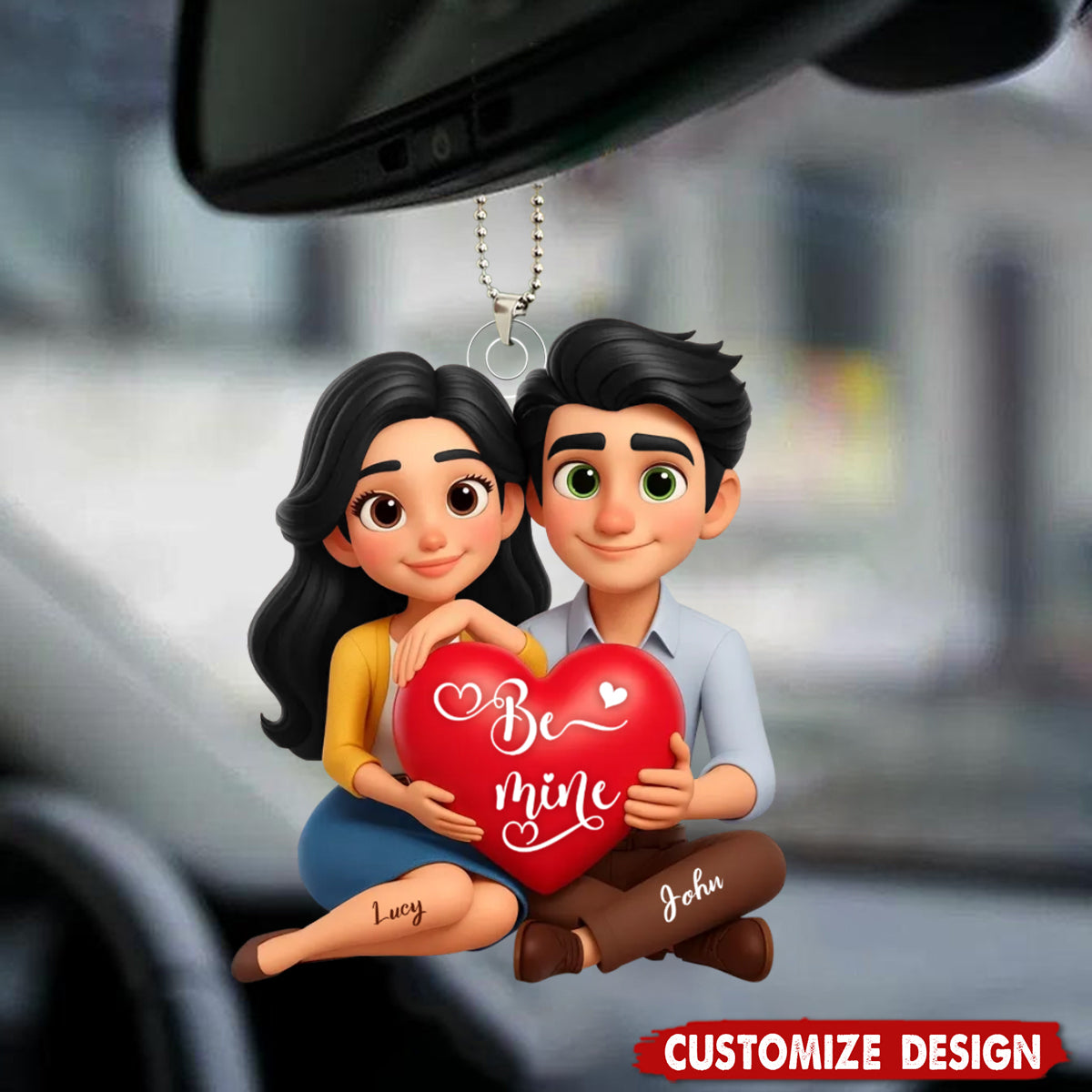 Eternal Love Cartoon Couple Sitting - Personalized Acrylic Car Ornament - Gift for Couple