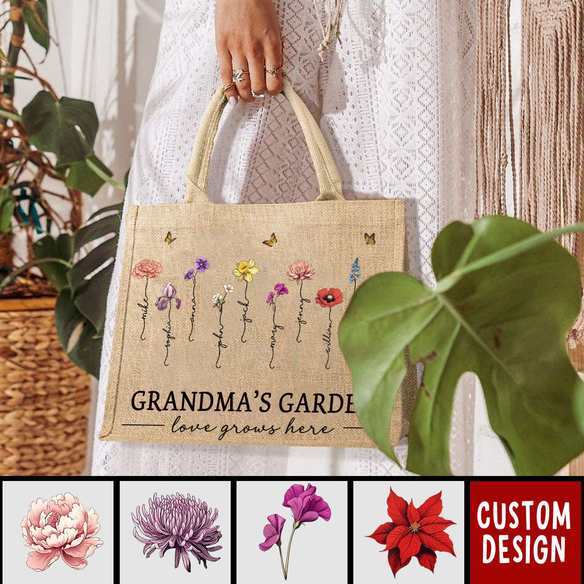 Grandma&#39;s Garden Love Grows Here - Personalized Jute Tote Bag