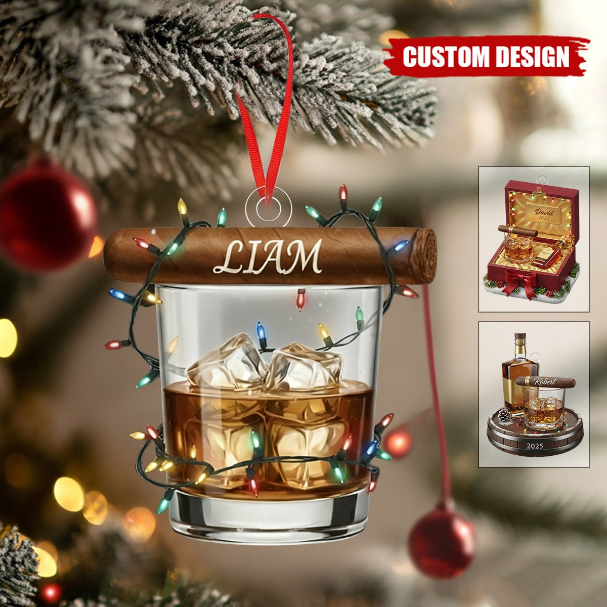 Personalized Whiskey Glass and Cigar Ornament –  Gentlemen Christmas Gift for Him