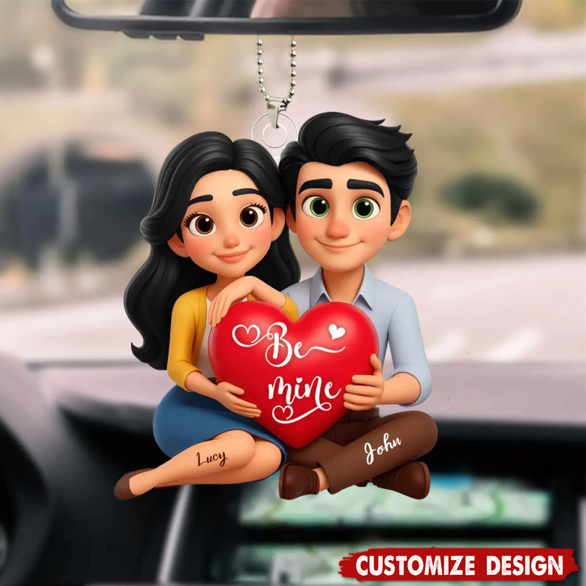 Eternal Love Cartoon Couple Sitting - Personalized Acrylic Car Ornament - Gift for Couple
