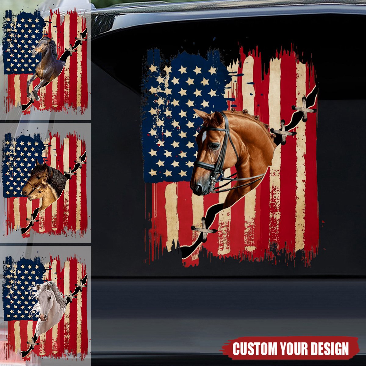 Personalized America horse flag printed decal -  gift for horse lovers