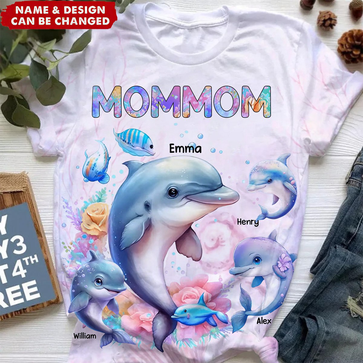 Personalized Grandma or Mom Watercolor Dolphin &amp; Kid Names 3D T-shirt Printed
