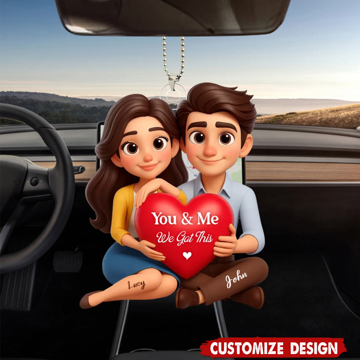 Eternal Love Cartoon Couple Sitting - Personalized Acrylic Car Ornament - Gift for Couple