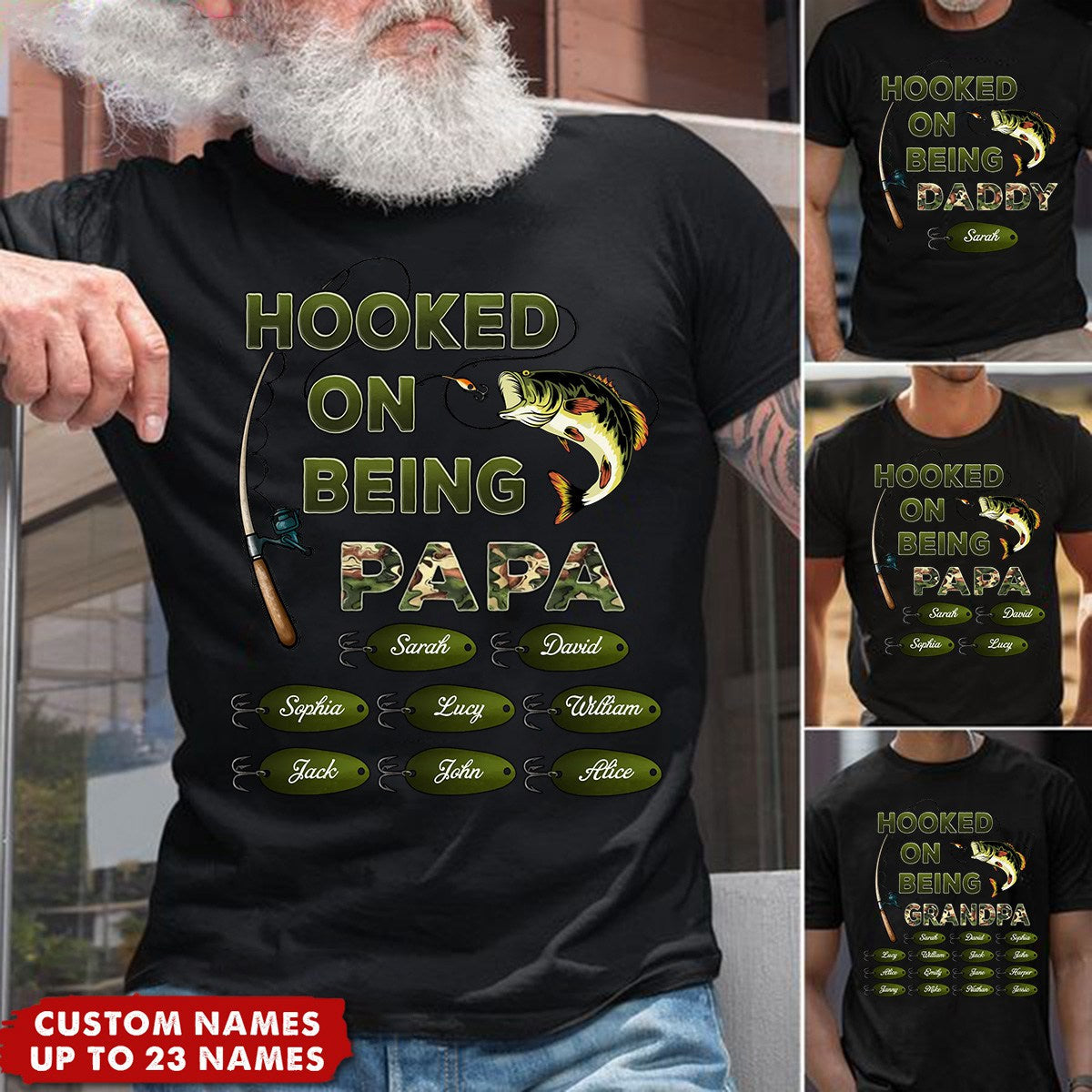Hooked On Being Grandpa Fishing Camouflage - Personalized Shirt - Father&#39;s Day Gift For Grandpa/Dad/Husband