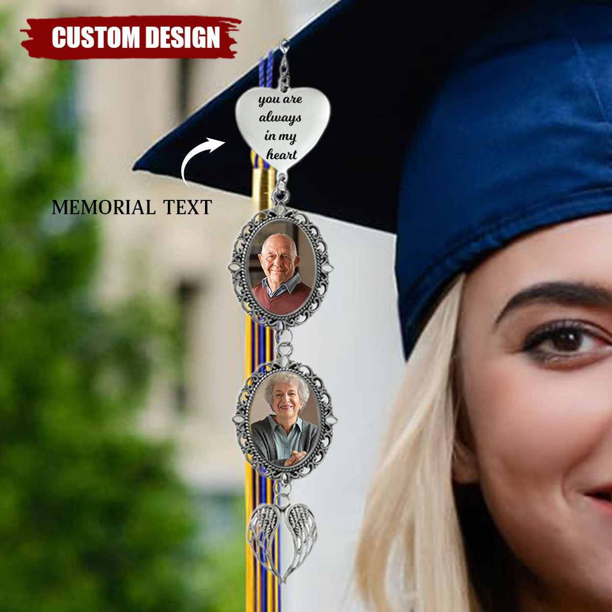 Personalized Graduation Tassel Photo &amp; Text Charm with Angel Wing, Memorial Graduation Gift